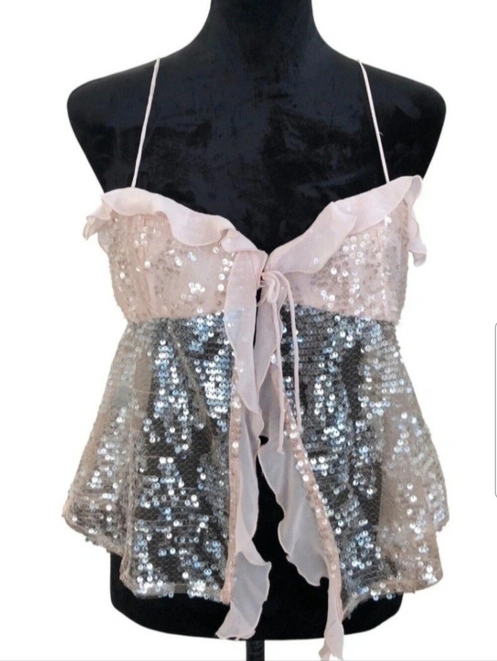 Zara Blush Sequin Ruffle Tie-Front Top L